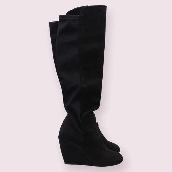 Bebe Womens Black Zipper Round Toe Wedge Heeled Boots - Picture 2 of 8